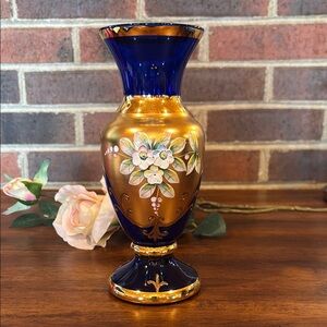 Vintage Murano Glass Federica Venezia cobalt blue and Gold Accent Vase